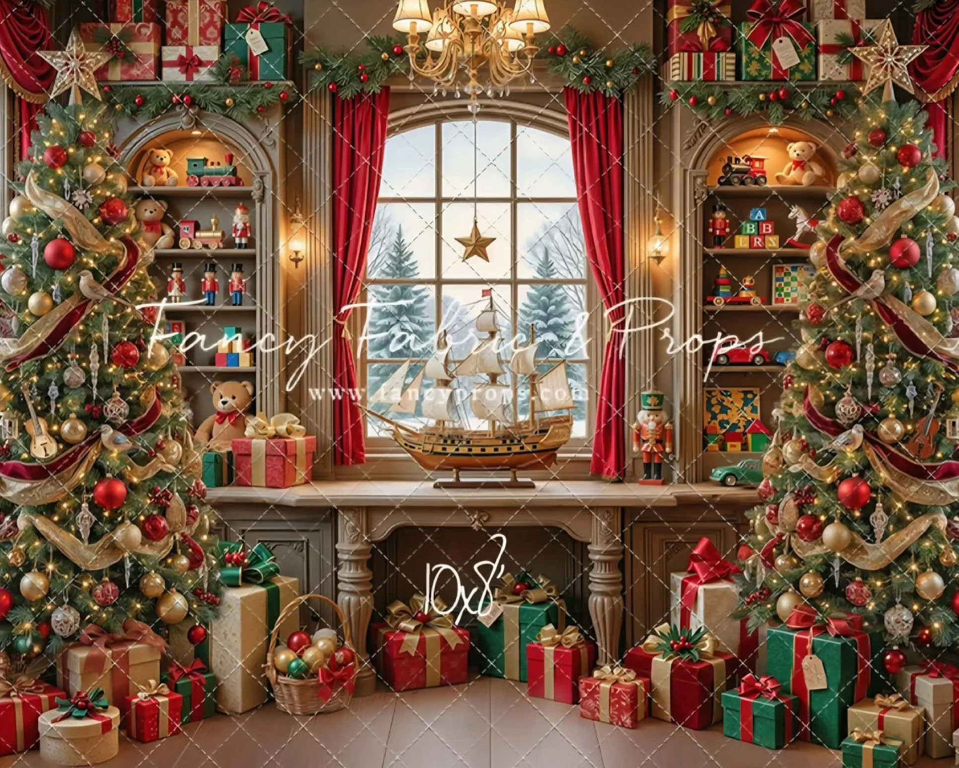 Christmas Wishes Santa photography set featuring decorated Christmas trees, wrapped gifts, red curtains, and traditional holiday details.