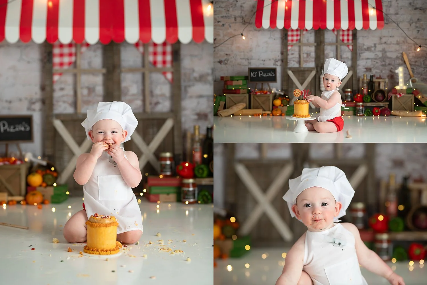 Collage of a baby dressed as a chef during a playful bakery-themed Cake Smash photography session.