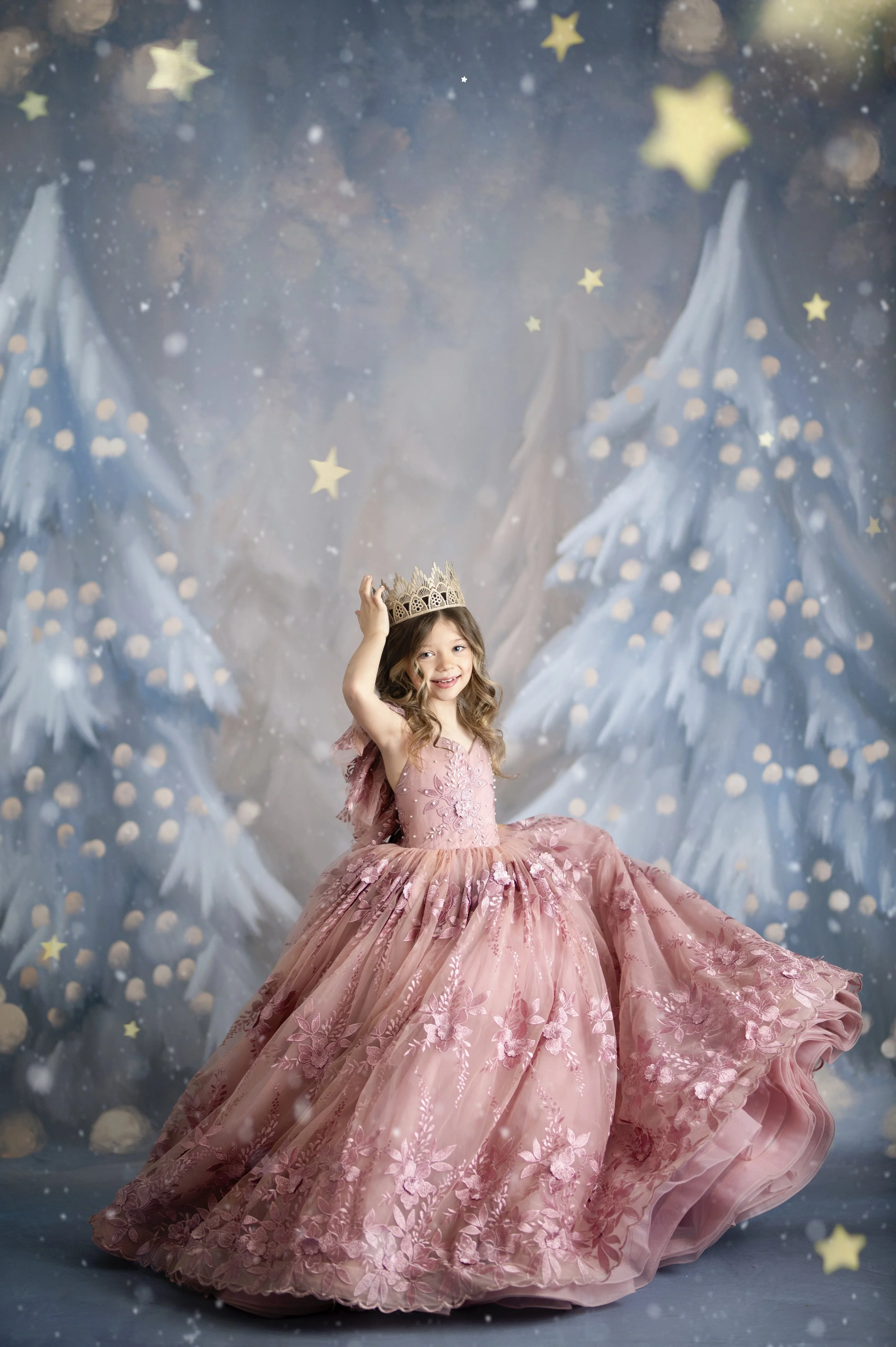 Young girl wearing a pink couture gown and crown during a fine-art portrait session in Millersville, Maryland.