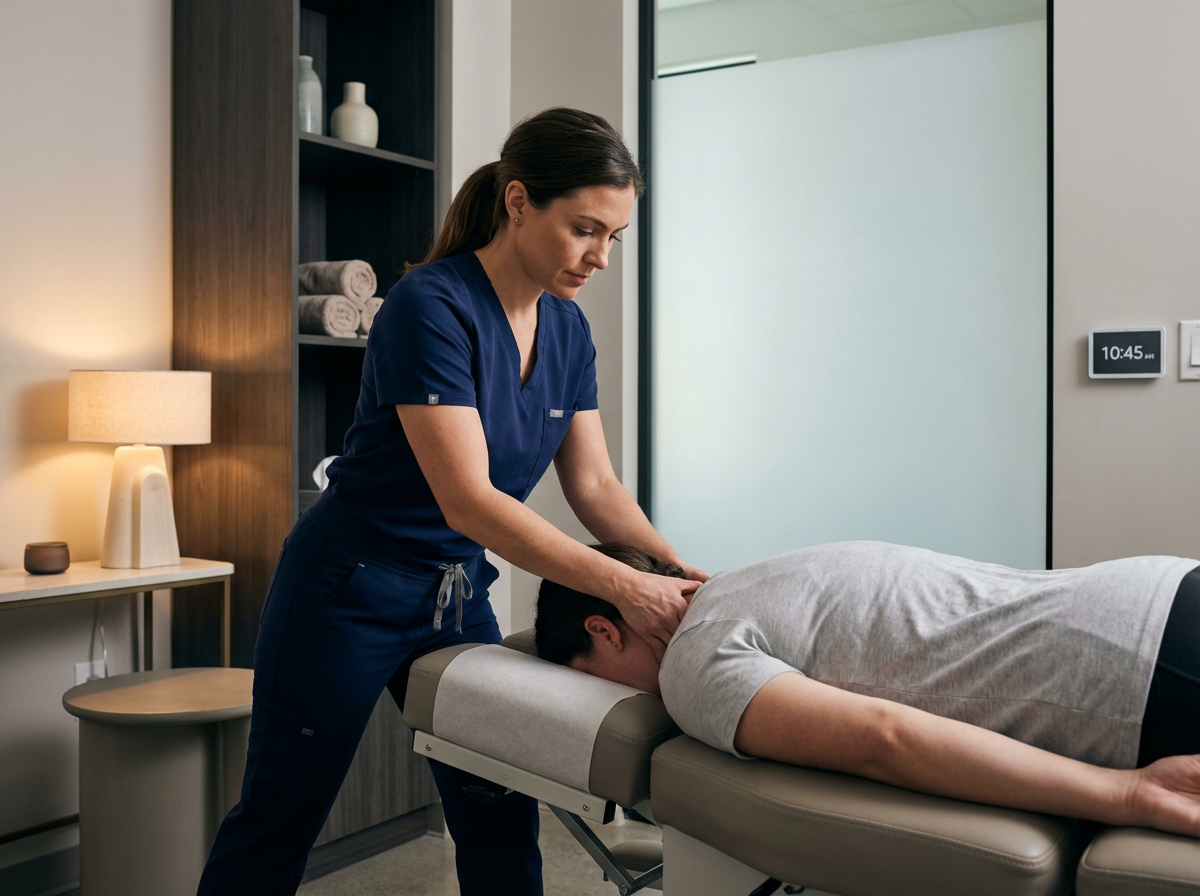A healthcare professional, dressed in navy scrubs, performs a neck massage on a patient lying face down on a treatment table in a clinical setting with modern decor and a digital clock showing 10:45 AM.