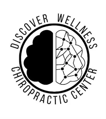 Logo of Discover Wellness Chiropractic Center with a circle divided into a black brain silhouette on the left and a network of interconnected dots on the right.
