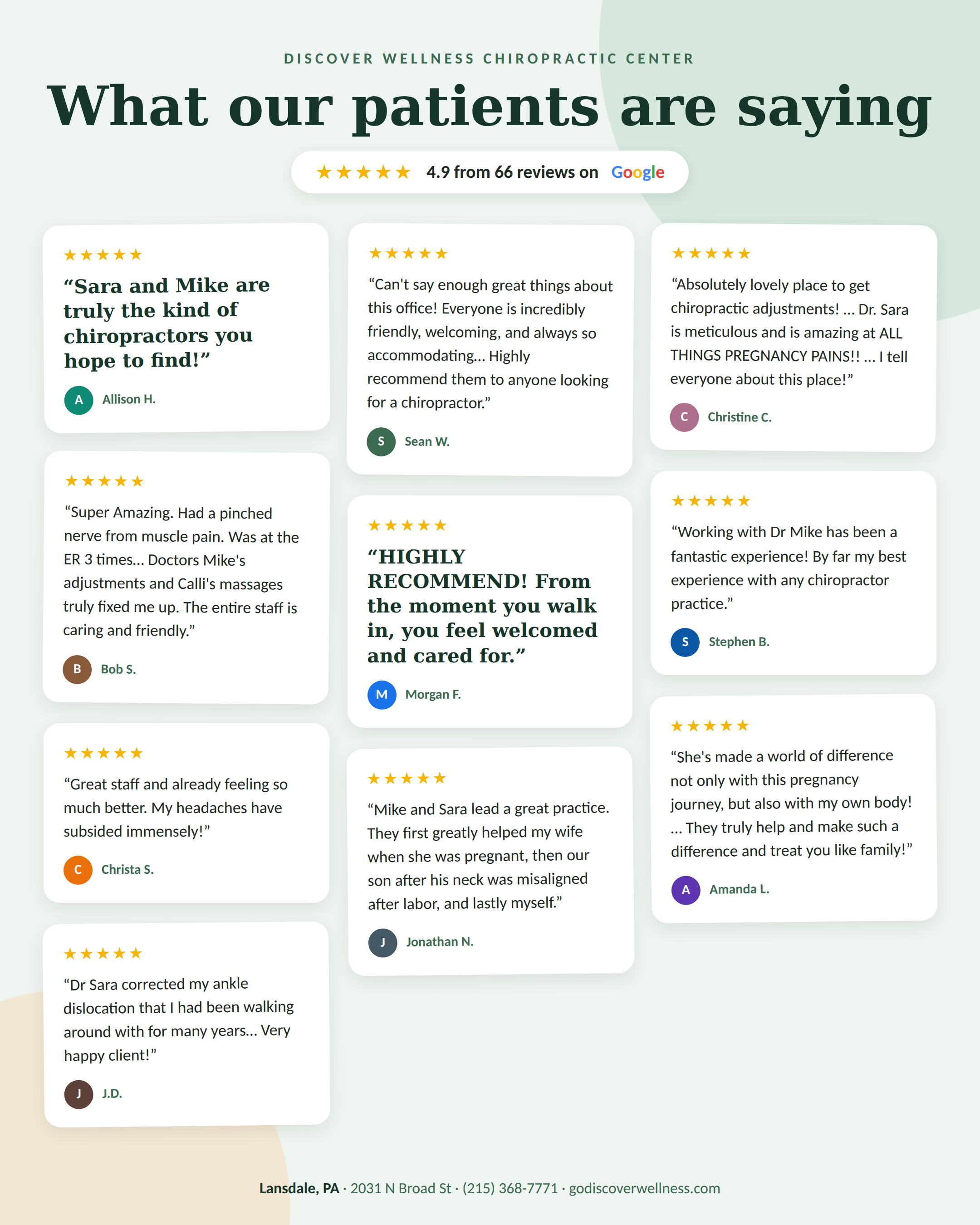 Website for Discover Wellness Chiropractic Center showing customer reviews and ratings, with text about positive patient experiences.
