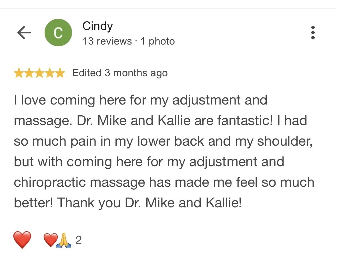 Screenshot of a Google review by Cindy about her experience with Dr. Mike and Kallie, praising their chiropractic and adjustment services.