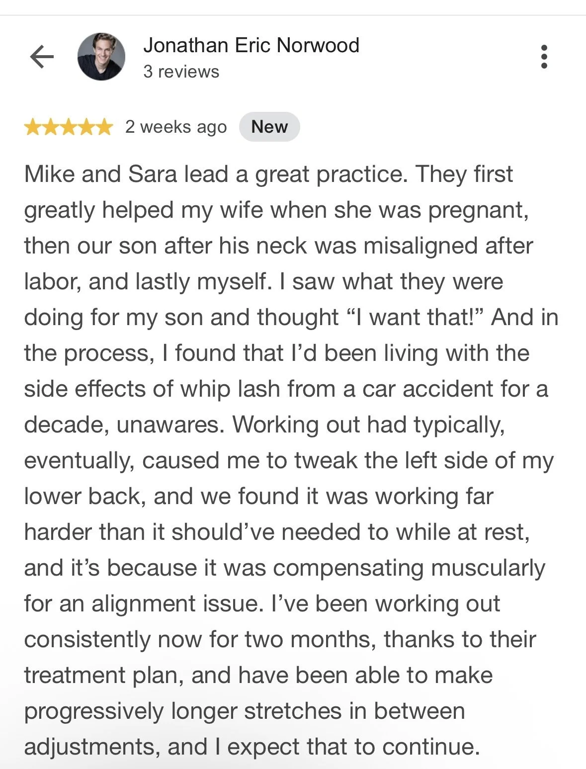 Screenshot of a Google review by Jonathan Eric Norwood discussing his experience with physical therapy, including recovering from a car accident and back issue.