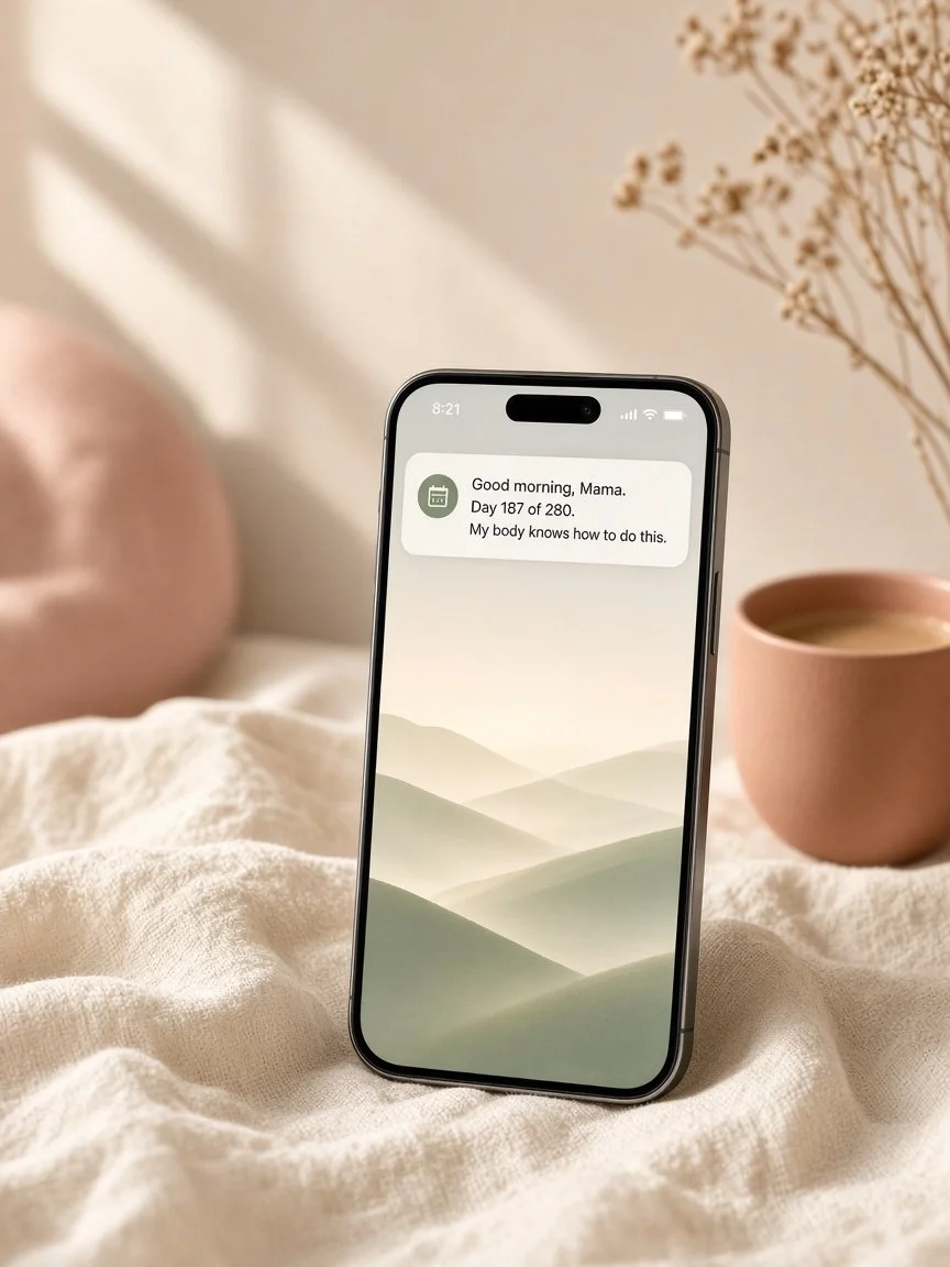 Phone showing a birth affirmation notification: Good morning, Mama. Day 187 of 280. My body knows how to do this.