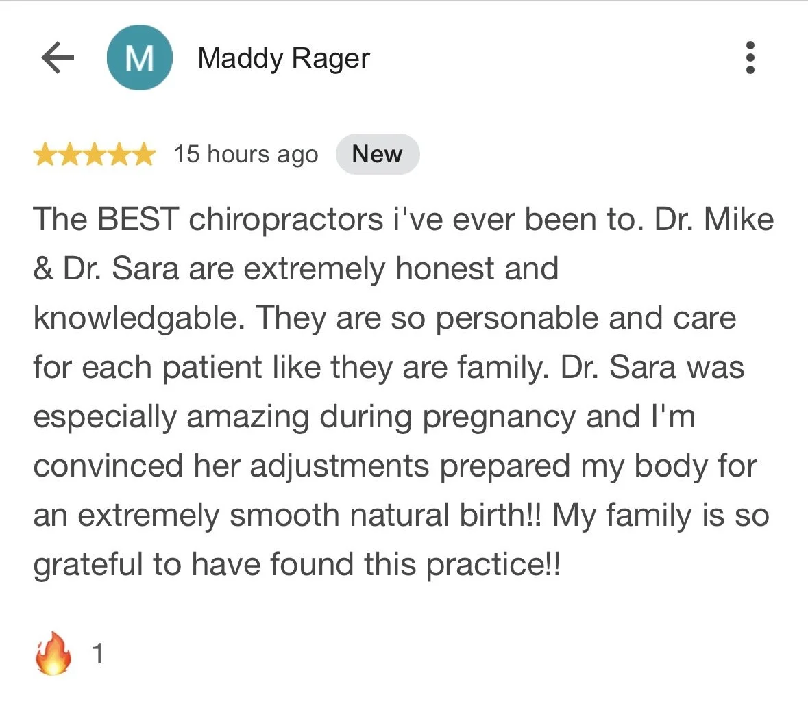 Review for a chiropractor practice, praising Dr. Mike and Dr. Sara, highlighting their honesty, care, and helpfulness, especially during pregnancy.