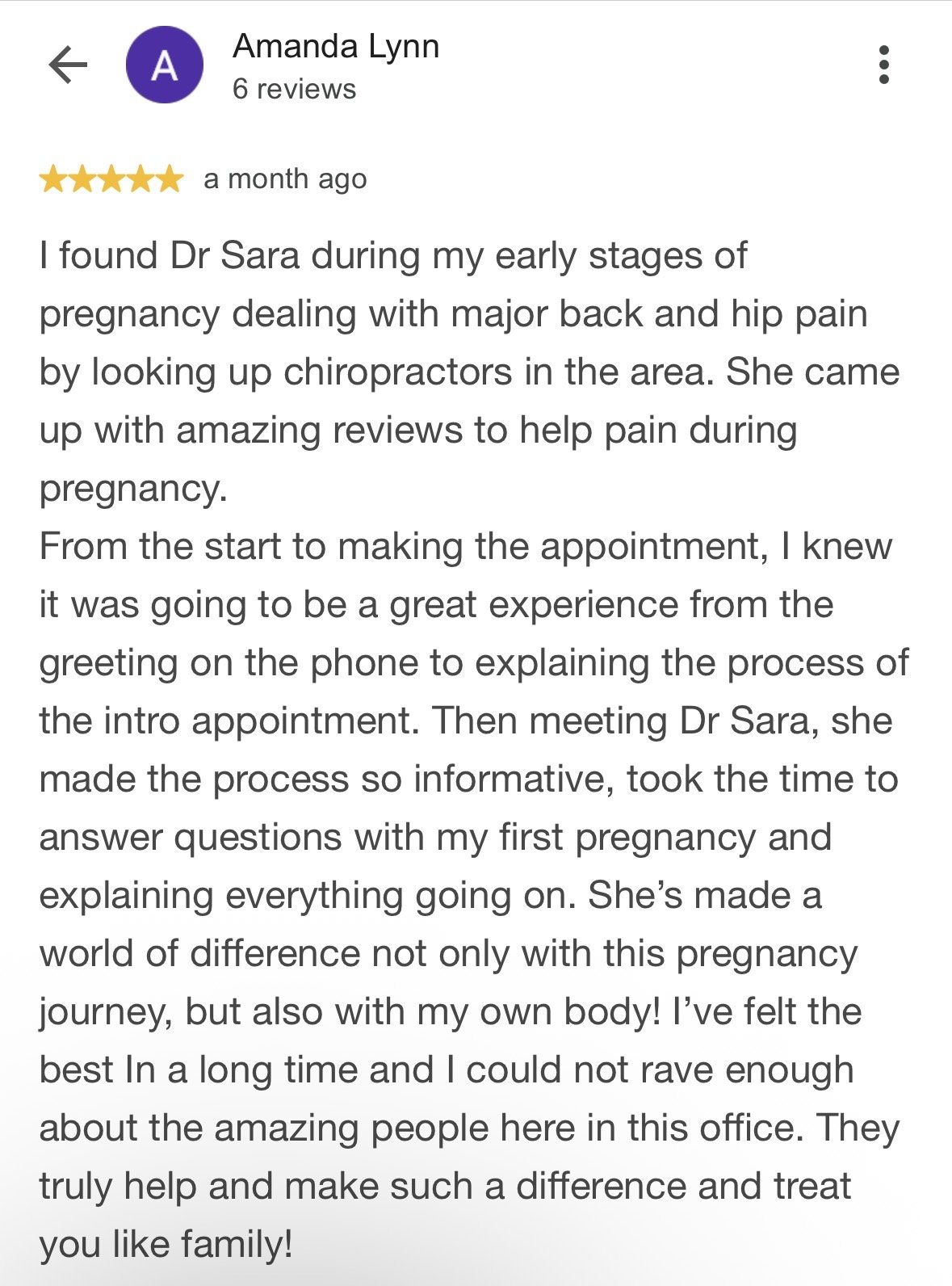 Screenshot of a Google review by Amanda Lynn praising Dr. Sara for her help with pregnancy-related back and hip pain, highlighting her informative and supportive approach.