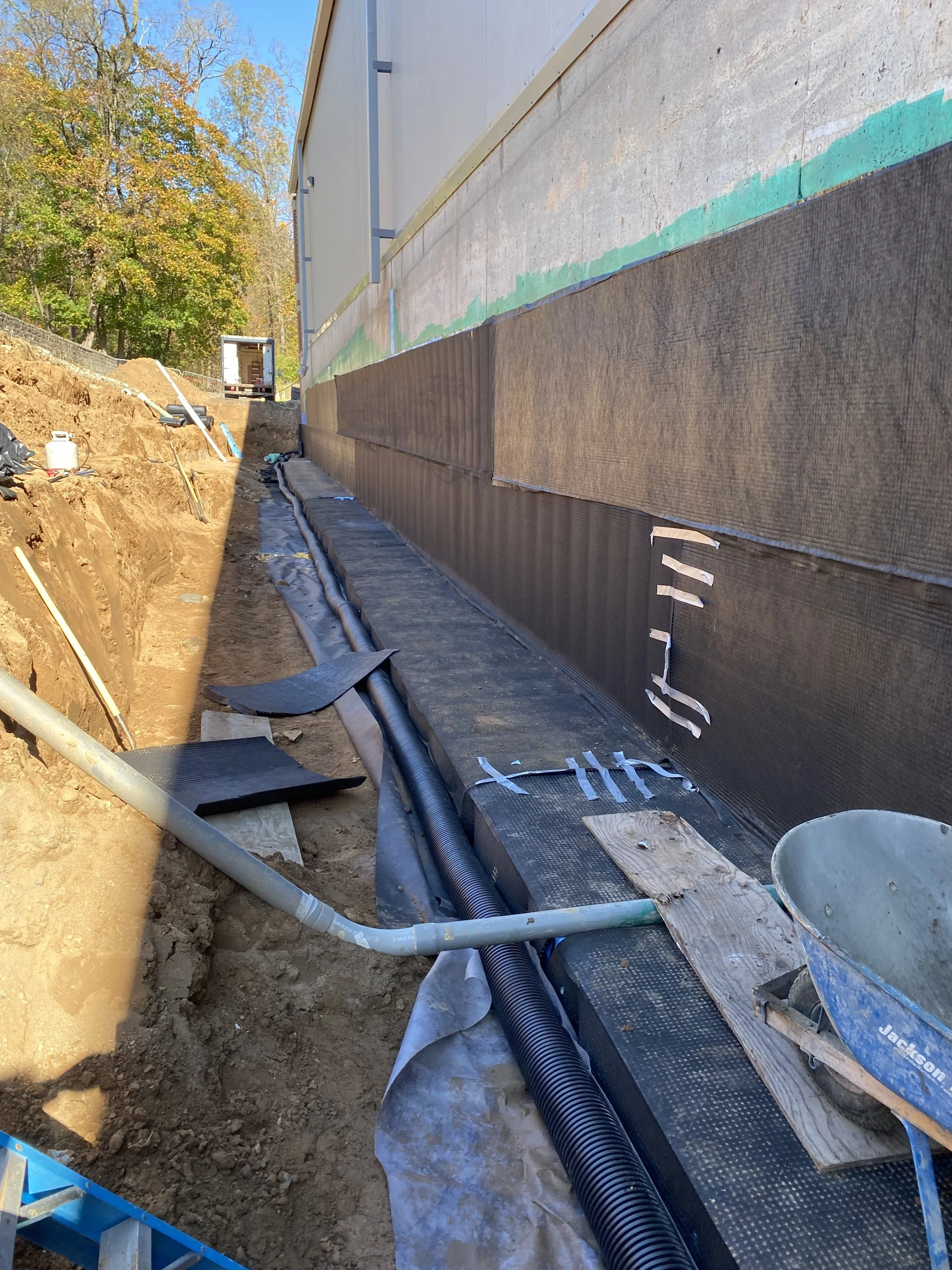Foundation Waterproofing & Drainage:  Excavation, waterproofing membrane, drainage board, and a perimeter drainage system