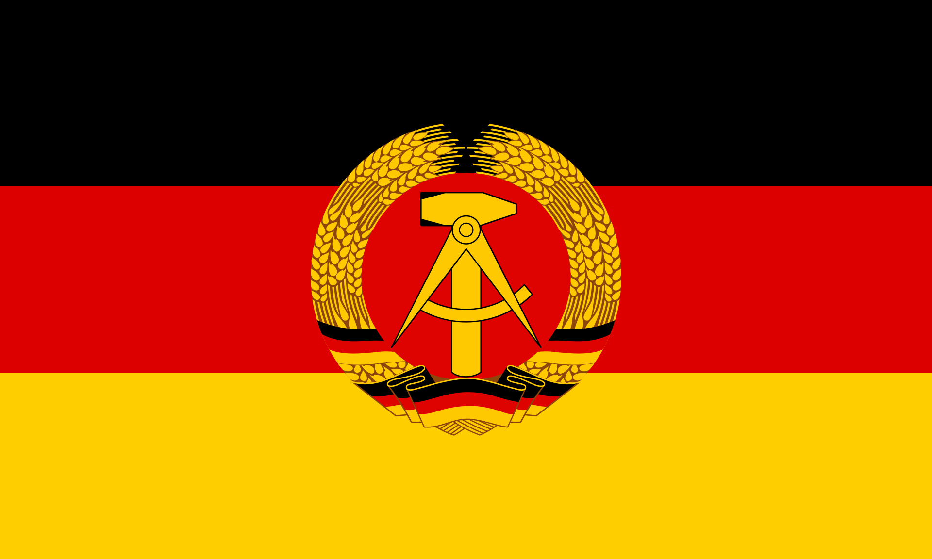 German flag with emblem of a hammer and compass surrounded by a wreath of wheat in the center.