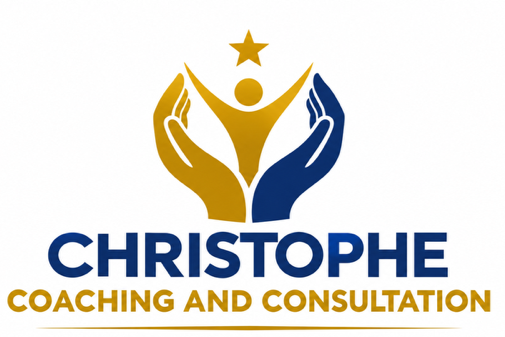 Logo with two stylized hands, one gold and one blue, surrounding a person with arms raised and a star above, with the text "Christophe Coaching and Consultation"