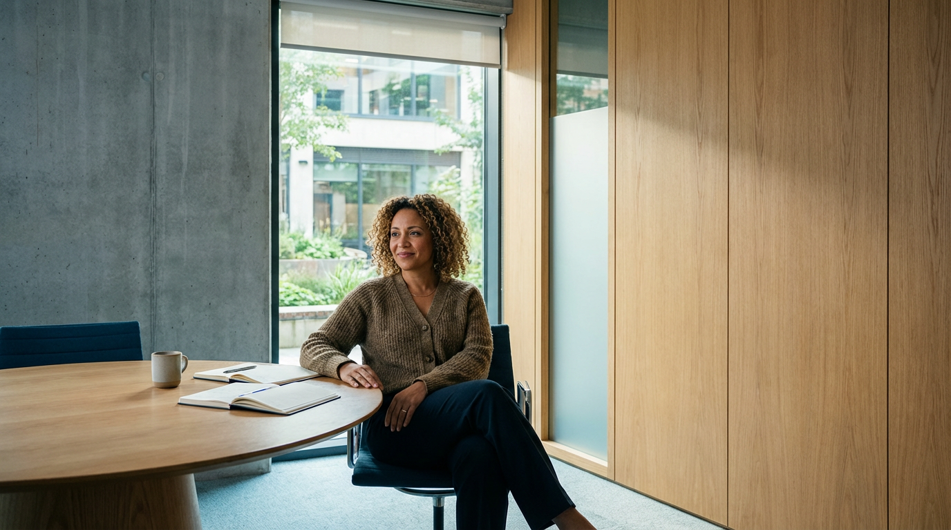 Mujer sentada en una sala de reuniones con una mesa y libros abiertos delante, detrás una ventana con vista a un espacio exterior verde.