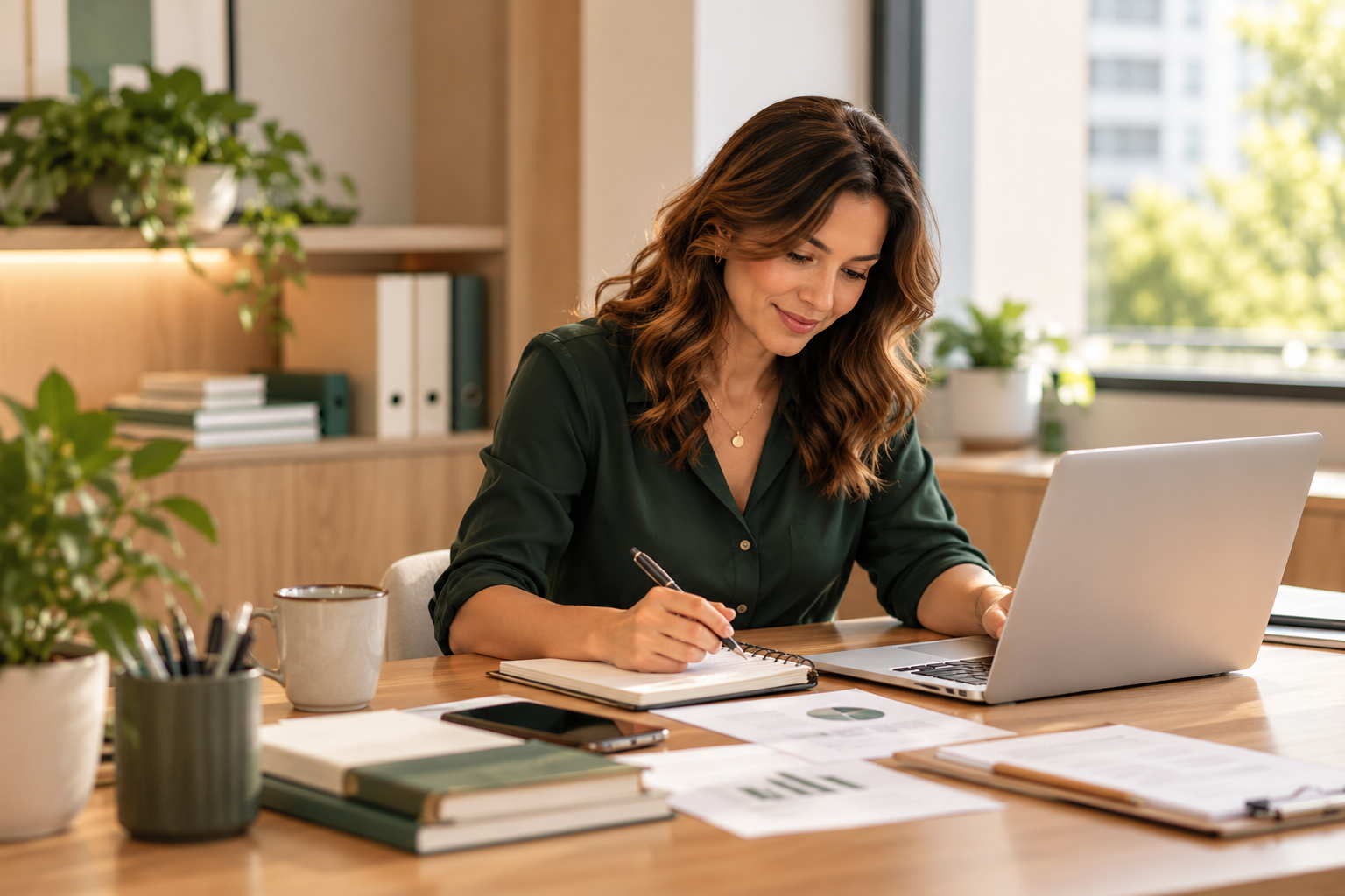 Mujer trabajando en su oficina, sentada en una mesa con libros, computadora, notas y plantas alrededor.