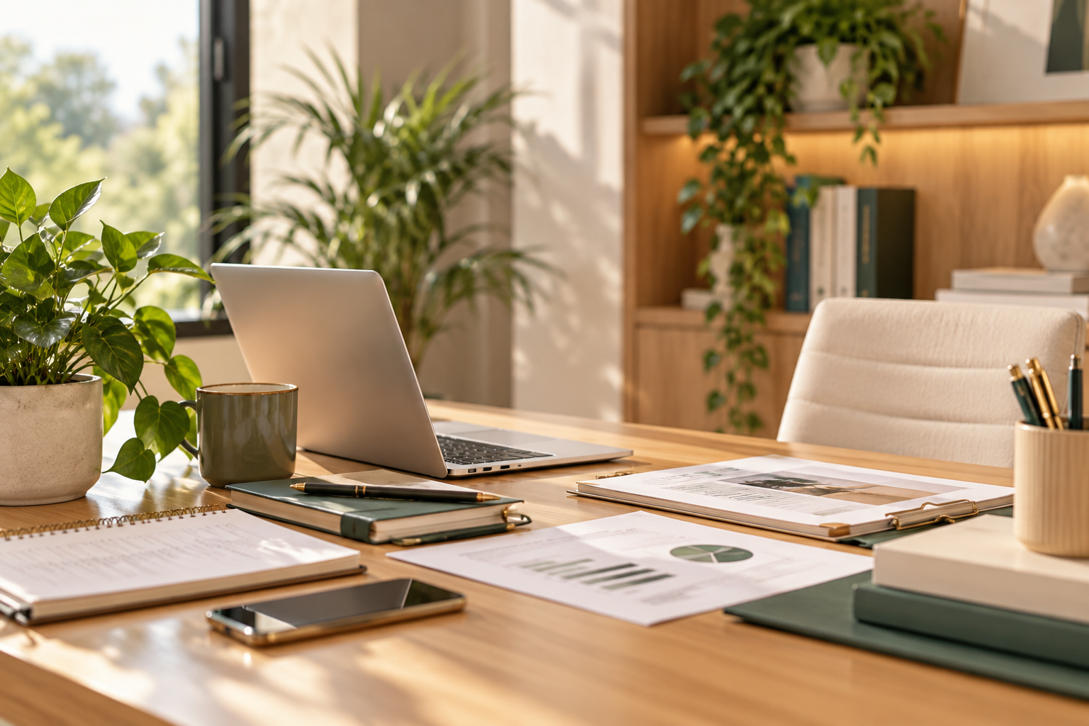 Oficina con planta, laptops, cuaderno, teléfono móvil, gráficos y utensilios de escritura en una mesa de madera