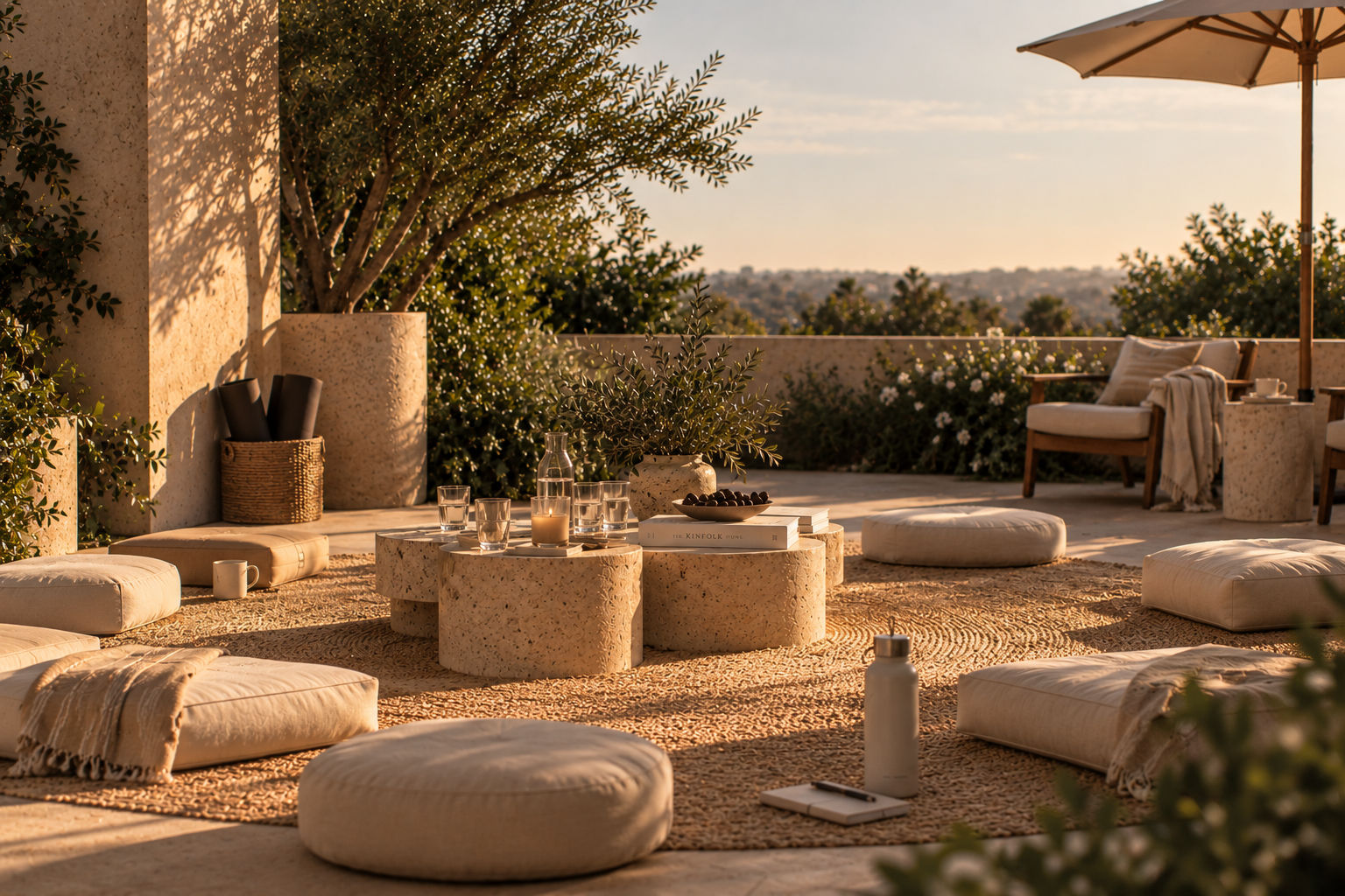 An outdoor terrace with beige cushions and poufs, a round stone table with books, candles, and drinks, surrounded by greenery and an umbrella, under warm sunlight.