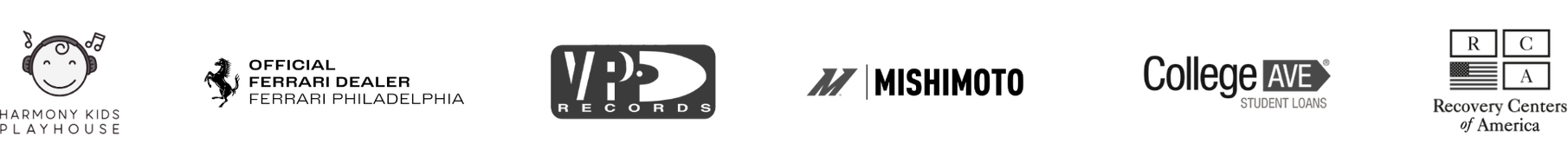 Collection of logos including Harmony Kids Playhouse, VP5 Records, College Ave Student Loans, and Recovery Center of America