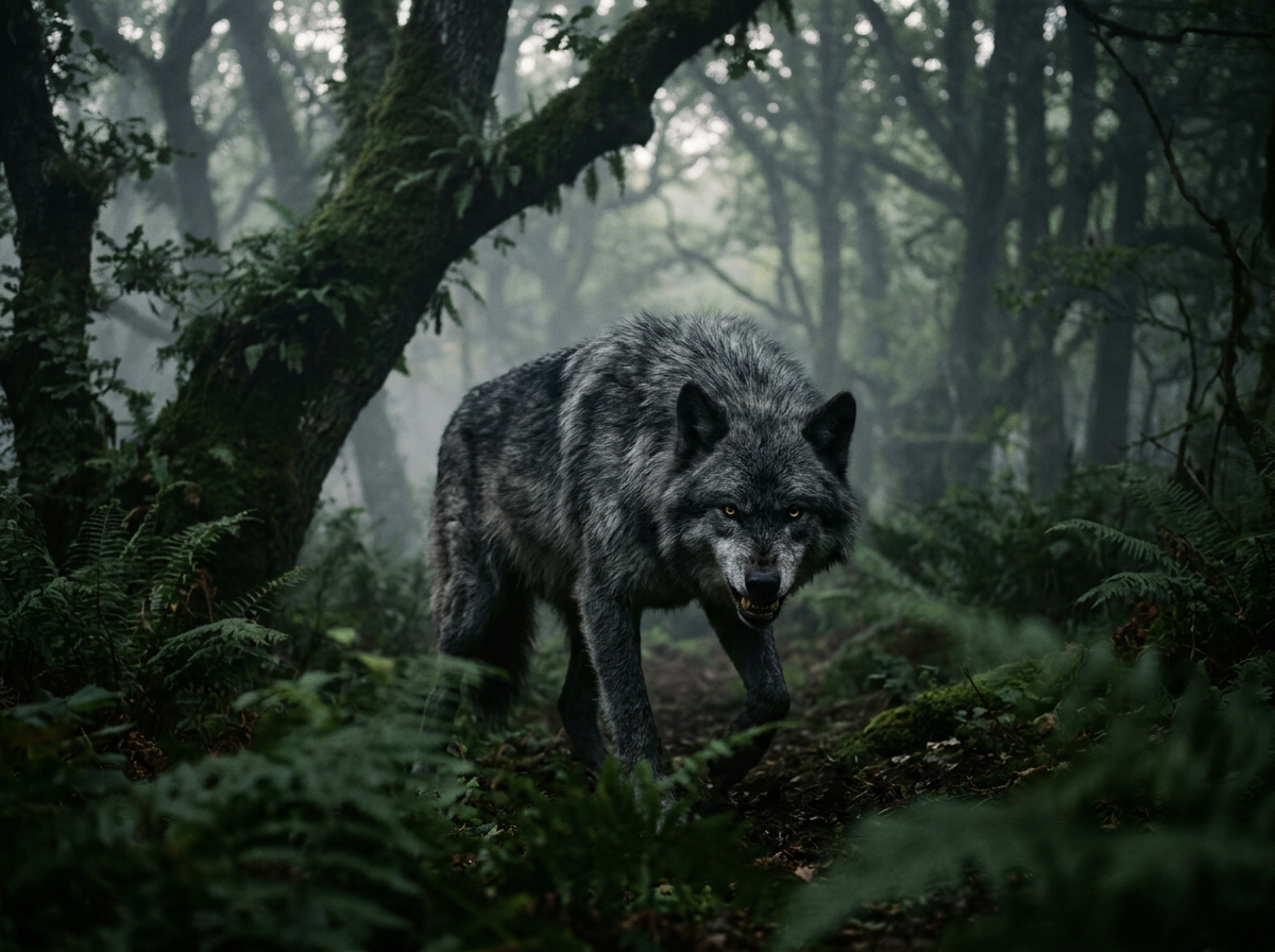 A fierce-looking gray wolf walking through a dense, foggy forest with green foliage and moss-covered trees.