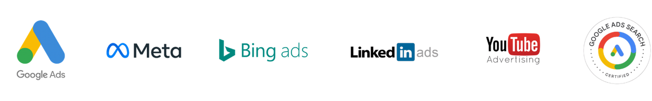 A digital infographic showing icons for Google Ads, Meta, TikTok, LinkedIn ads, YouTube advertising, and a company's logo.