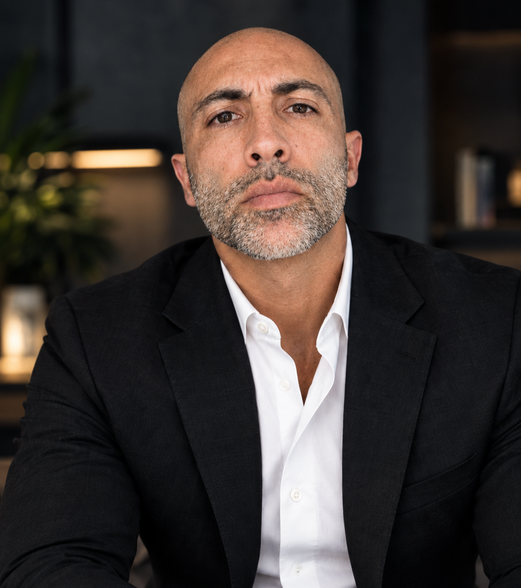 A confident middle-aged man with a shaved head and gray beard, wearing a black suit and white shirt, sitting indoors with a blurred background.