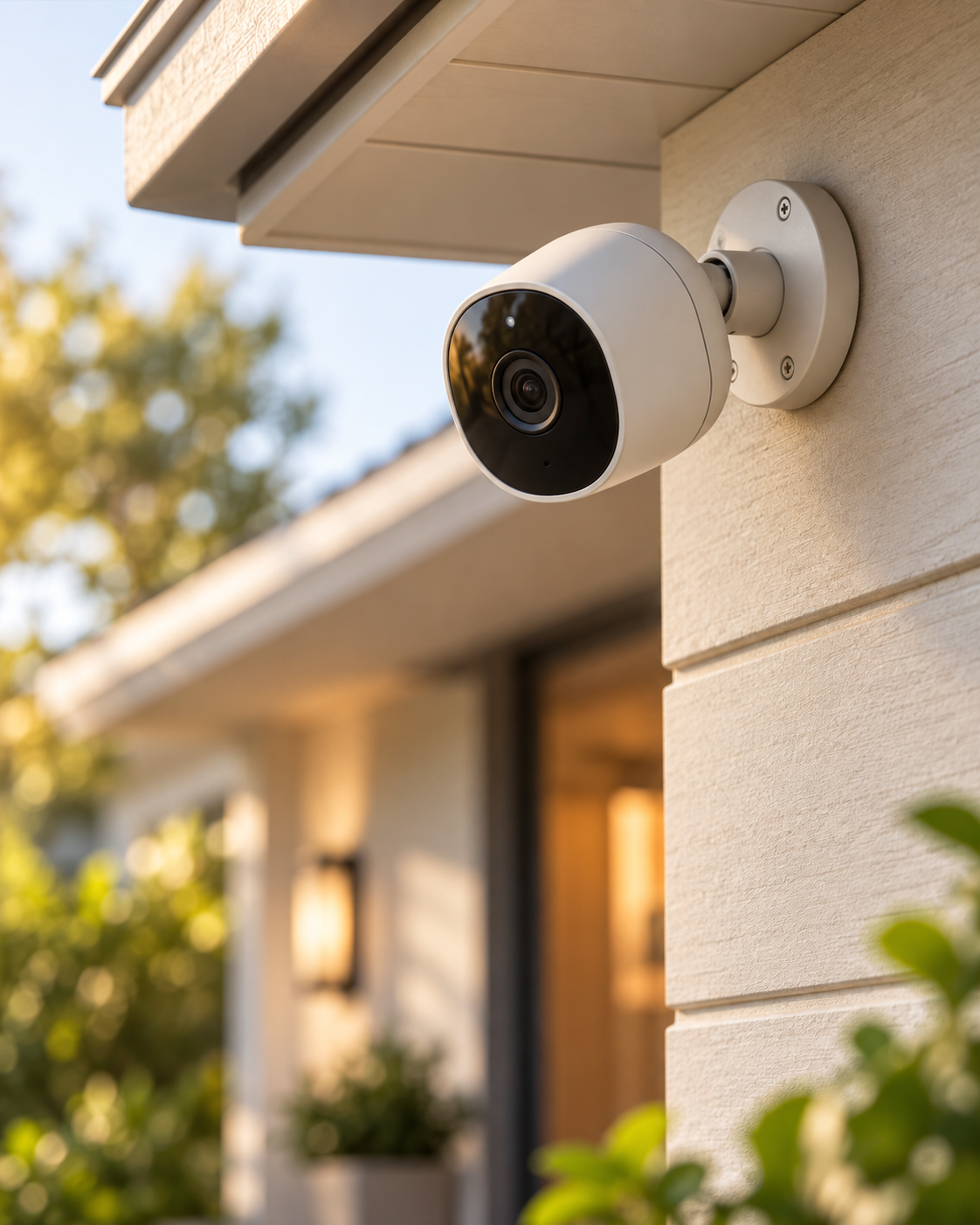 Illustration of an outdoor security camera mounted beneath a home eave.