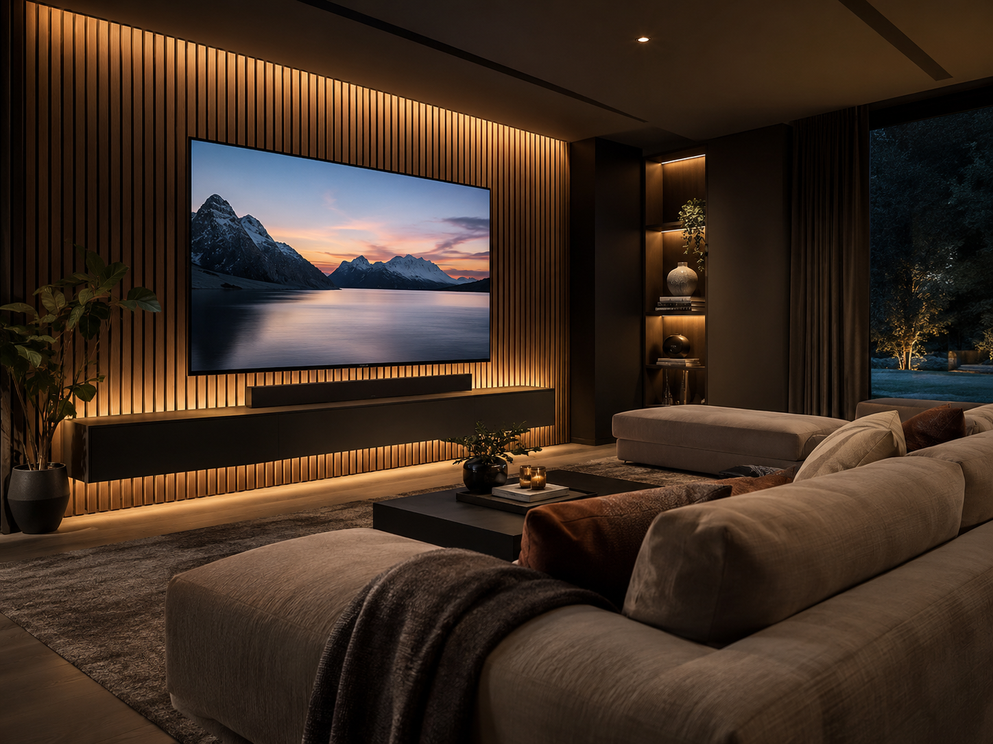 Illustration of a living-room home theater concept with a wall-mounted display, soundbar, slatted accent wall, and lighting.