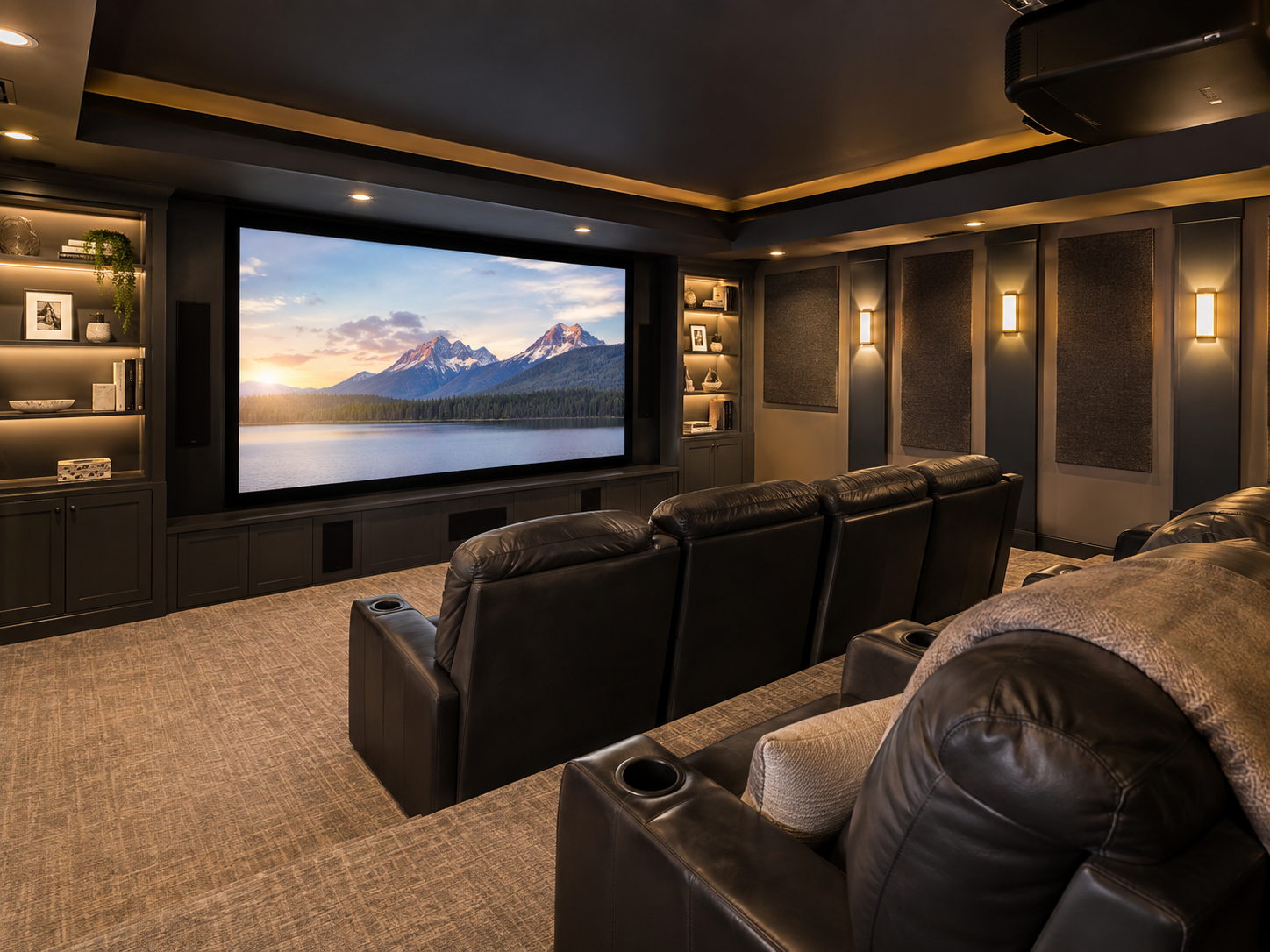 Illustration of a dedicated home theater concept with a large screen, projector, recliner seating, and acoustic panels.