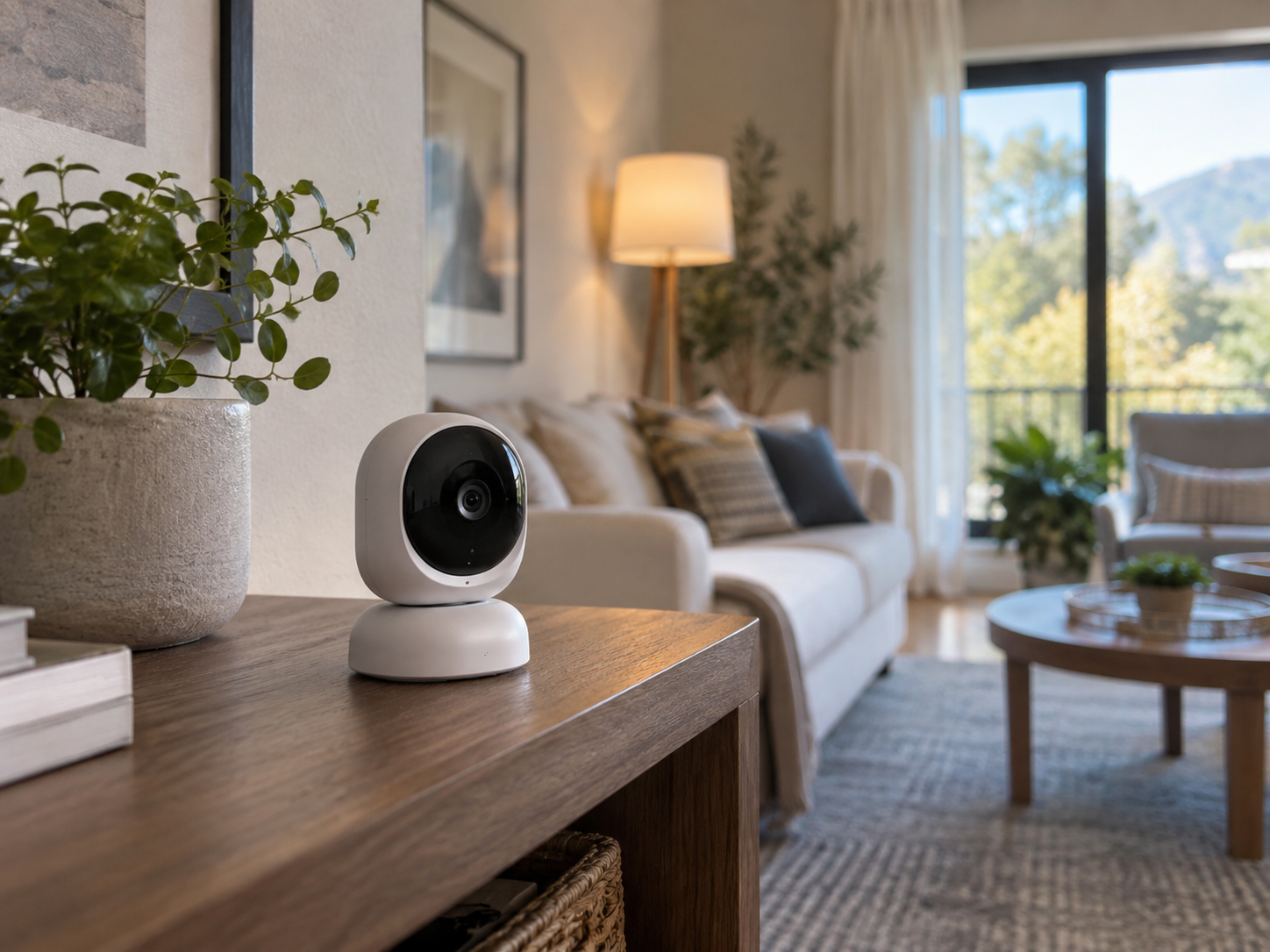 Illustrative indoor security-camera concept on a living-room table; not a completed MRB installation.