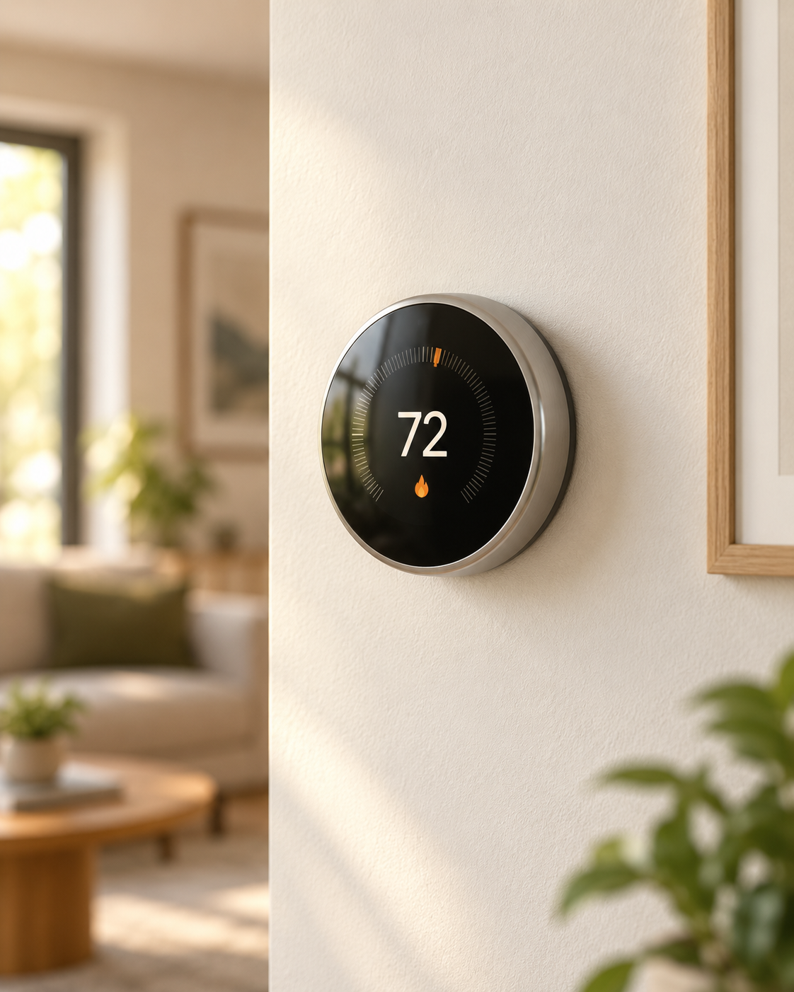 Illustration of a smart thermostat mounted on an interior wall.