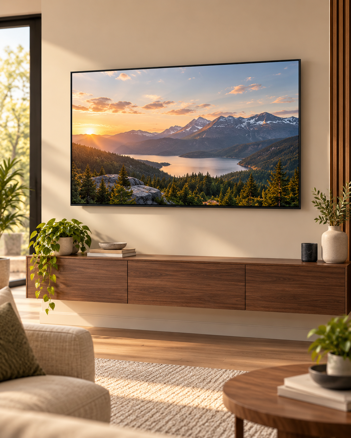 Illustration of a bright living room with a wall-mounted display above a floating media console.