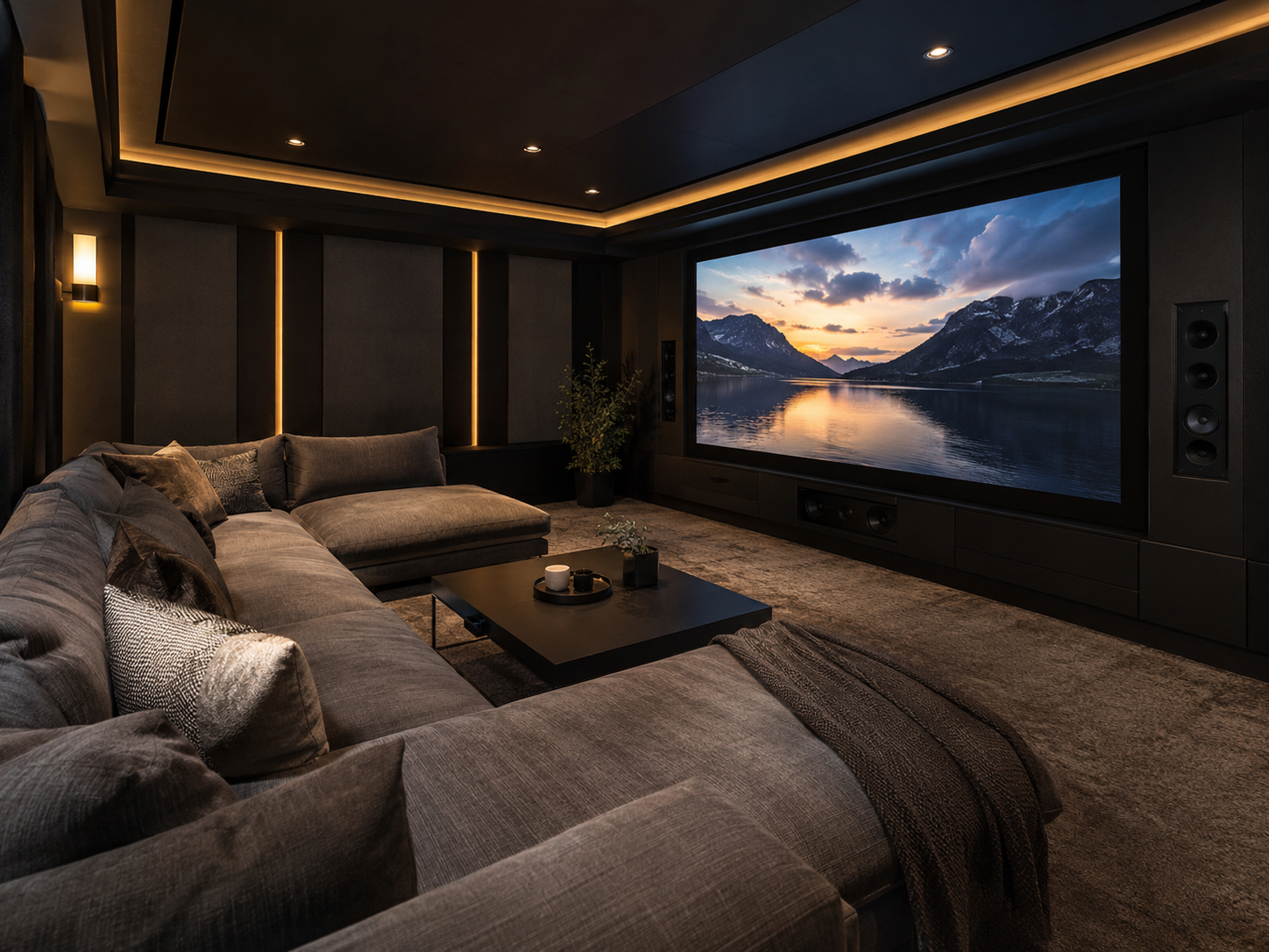 Illustrative home theater design concept with a large screen, lounge seating, and warm accent lighting; not a completed MRB installation.