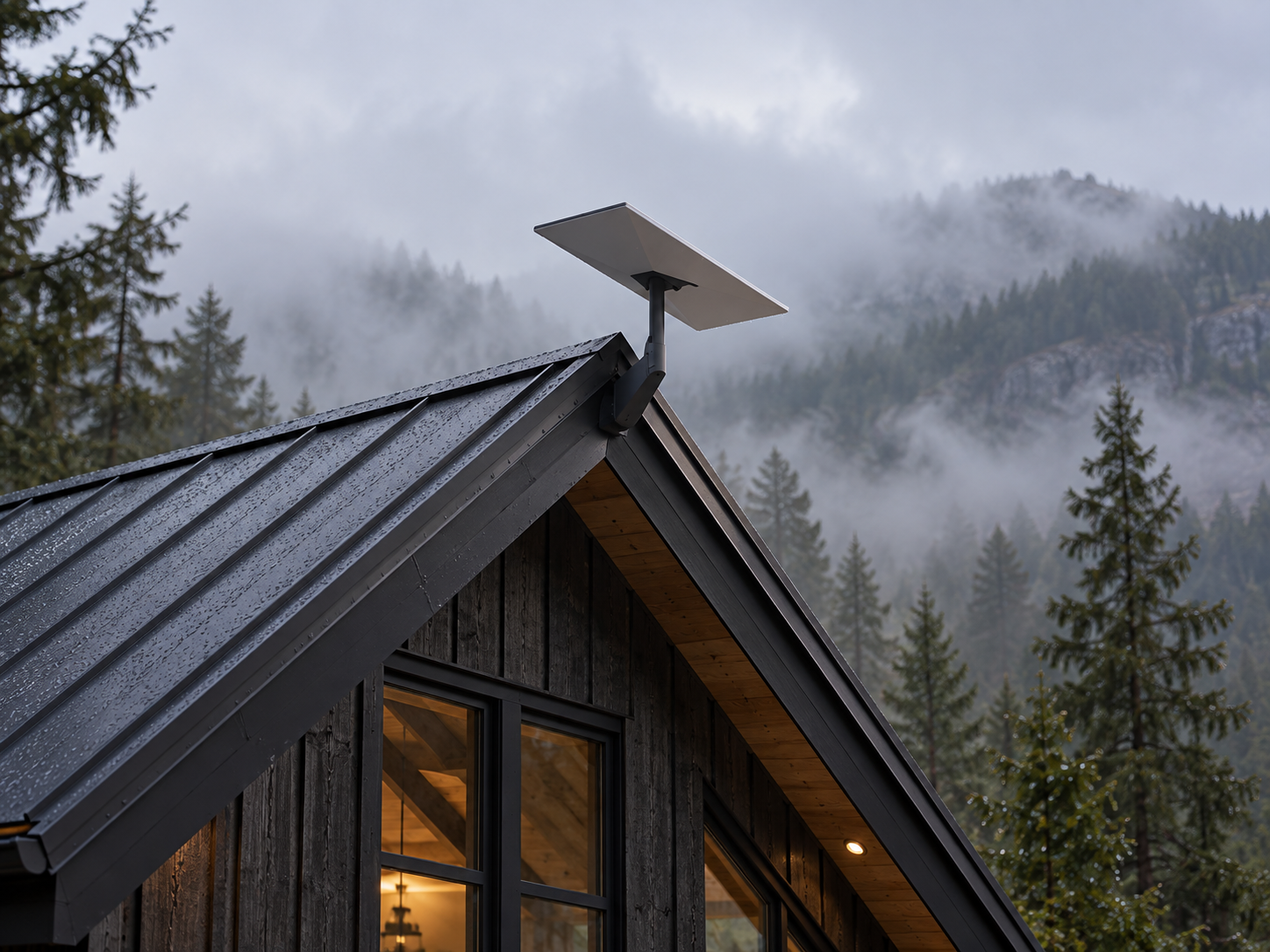 Illustrative concept of a satellite internet dish mounted on a home roof; not a completed MRB installation.