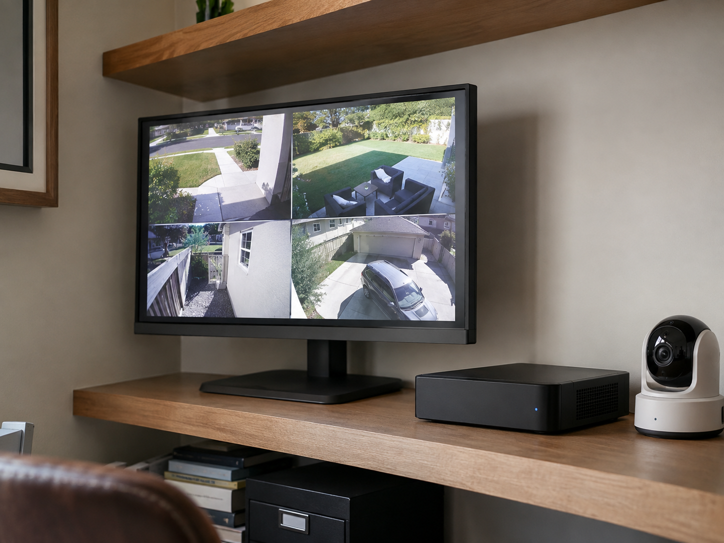 Illustrative security-system concept showing a monitor with multiple camera views; not a completed MRB installation.