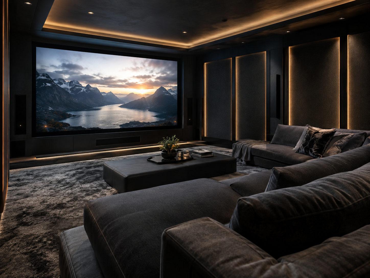 Illustration of a home theater concept with a large screen, acoustic panels, sectional seating, and warm lighting.