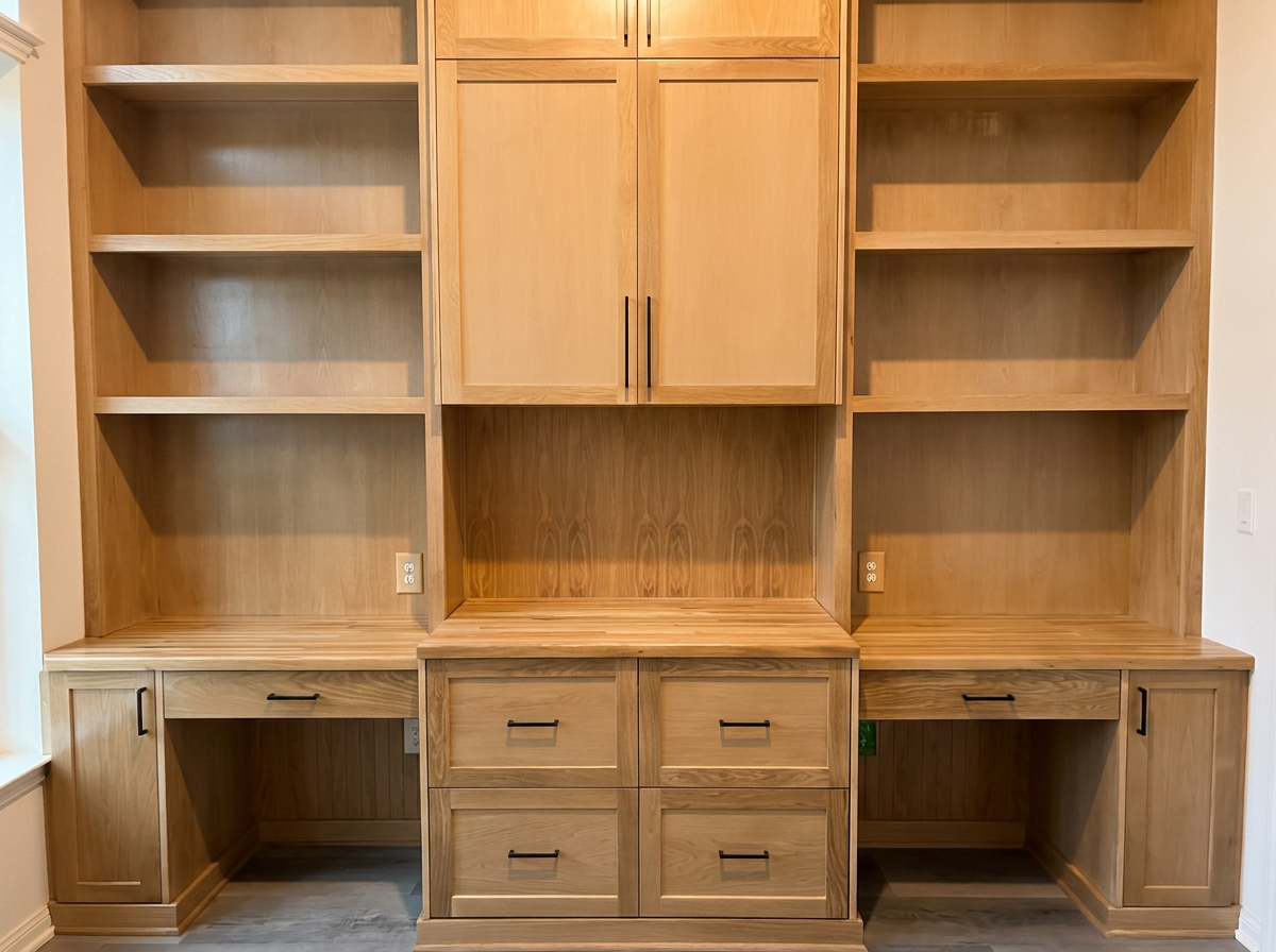 white oak office built ins with shaker style doors for a home office in Kyle texas