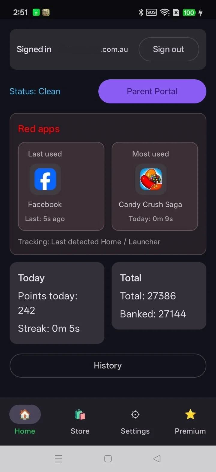 Mobile app dashboard showing user statistics, recent and most used apps, points earned today, total points and banked points, with navigation menu at the bottom for Home, Store, Settings, and Premium.
