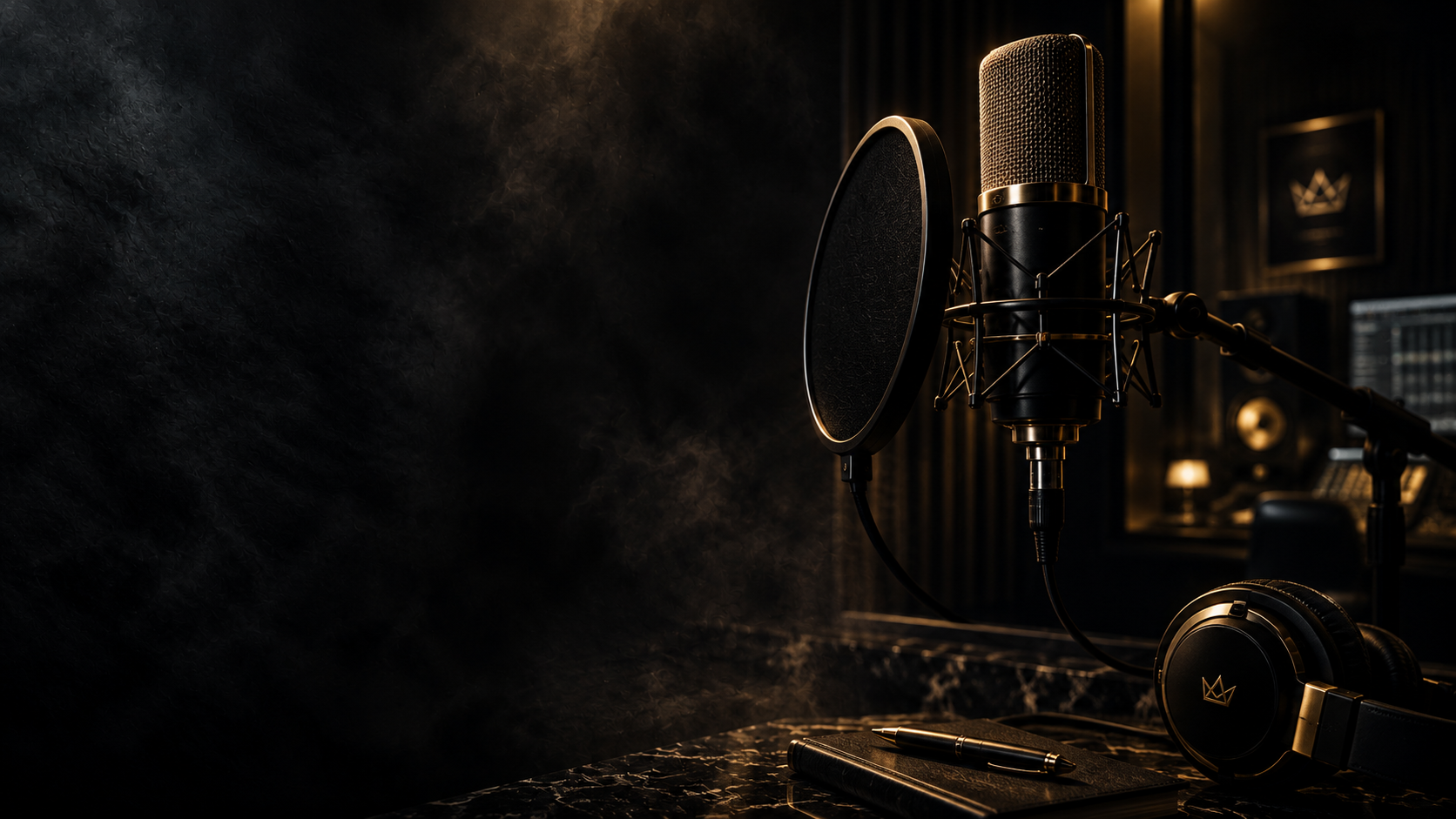 Professional recording studio with a large microphone, pop filter, headphones, a pen, and notebook on a black marble table, in a dimly lit room with acoustic panels and audio equipment in the background.