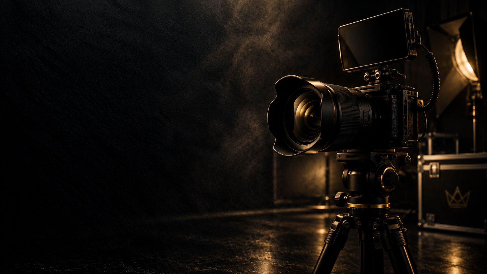 Professional camera mounted on a tripod in a dark studio setting, with studio lights and equipment visible in the background.
