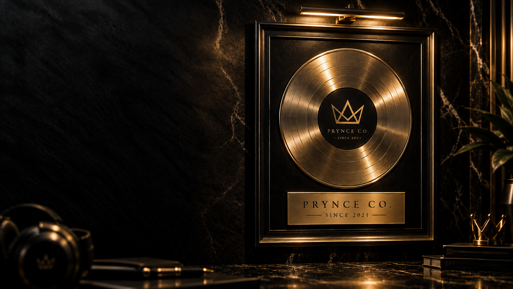 A luxurious black and gold plaque with a vinyl record design, featuring a crown logo and the words 'PRYNCE CO. SINCE 2021' in an elegant setting.