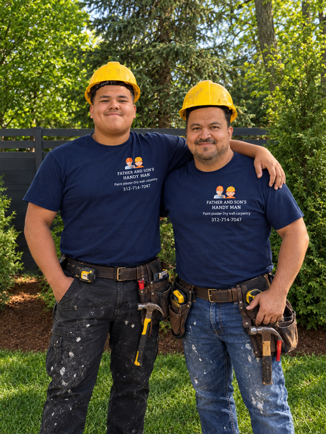 Two men wearing yellow hard hats and navy blue T-shirts with the text 'Father and Son's Handy Man, Paint-plaster-Dry wall-carpentry, 312-714-7047' pose outdoors with arms around each other, with tools attached to their belts, standing on green grass in front of a black fence and lush trees.