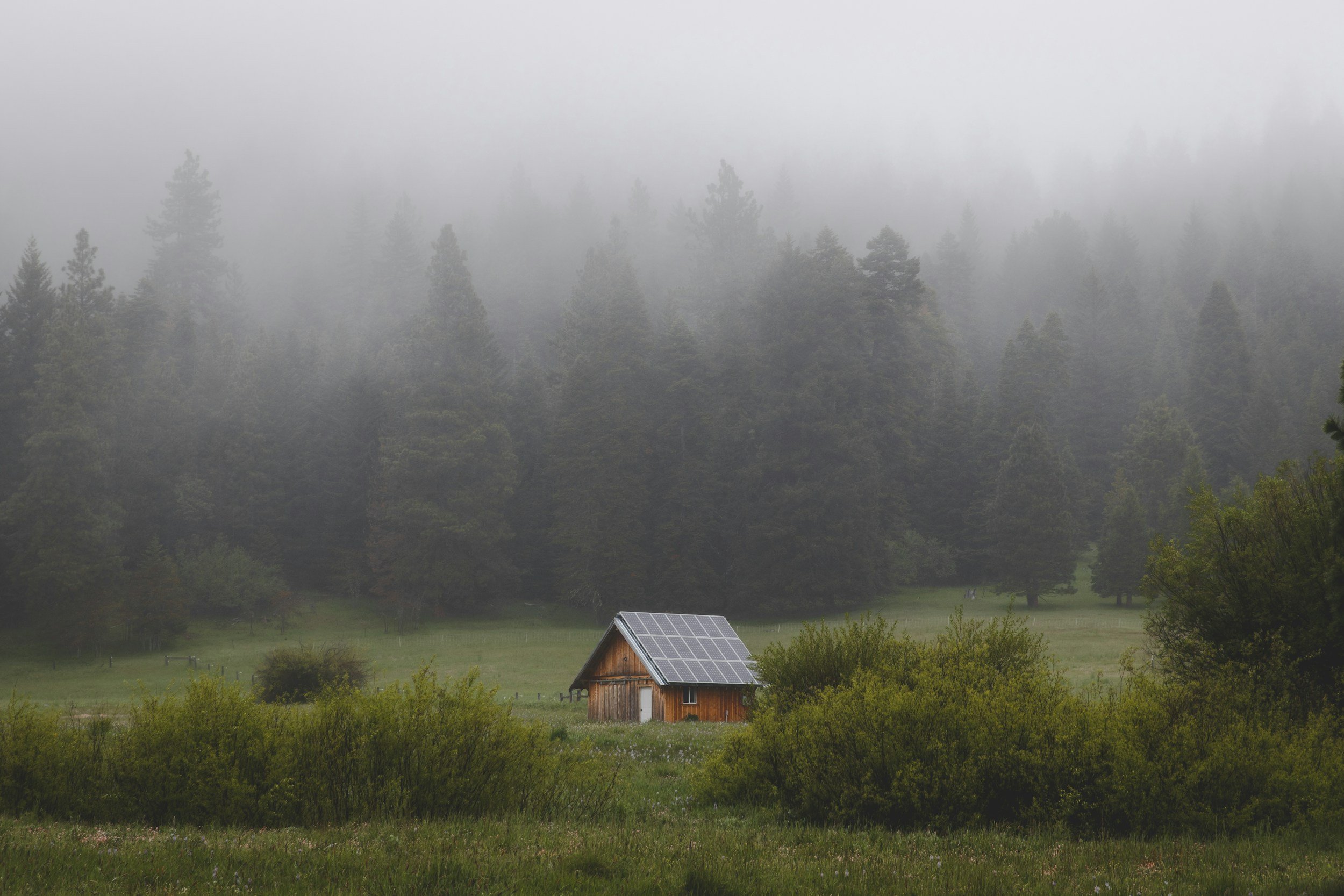 A small wooden barn with solar panels on the roof, set in a grassy field surrounded by trees, with fog covering the distant forest.
