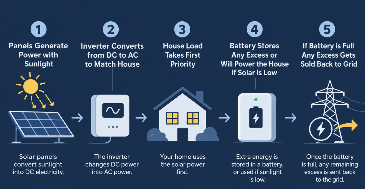 Infographic showing how a solar power system works: panels generate DC electricity, an inverter converts it to AC, the home uses power first, batteries store excess energy, and surplus electricity returns to the grid.