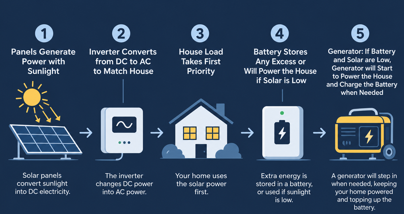 Infographic showing how a solar power system works: panels generate DC electricity, an inverter converts it to AC, the home uses solar power first, excess energy charges a battery, and a generator provides backup power.