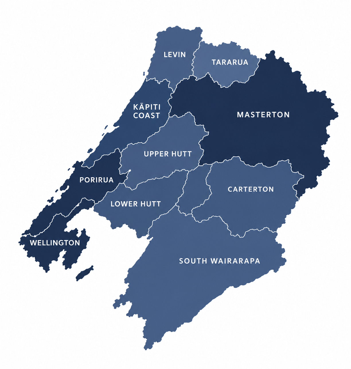 Stylized map of New Zealand’s Wellington region showing Levin, Tararua, Kapiti Coast, Porirua, Upper Hutt, Lower Hutt, Wellington, Masterton, Carterton, and South Wairarapa.