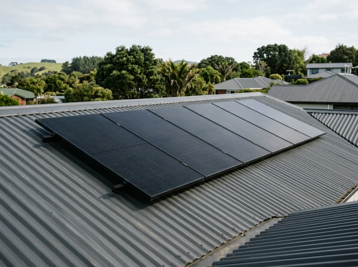Solar panels installed on a corrugated metal rooftop in a suburban neighborhood