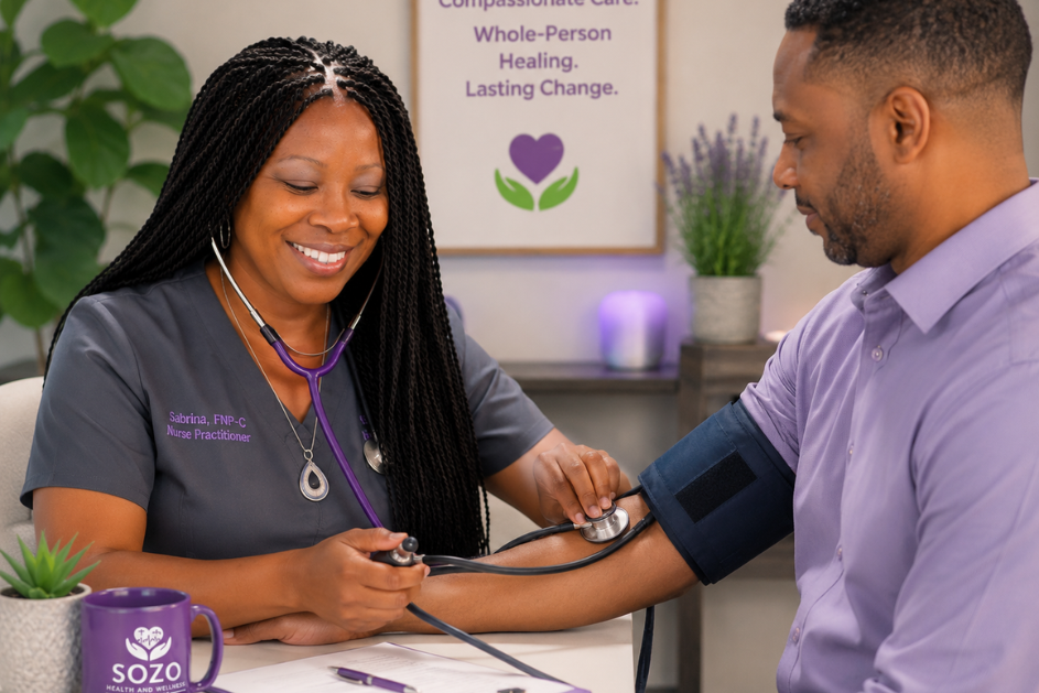 Nurse taking a man's blood pressure in a healthcare setting with plants and a poster in the background.