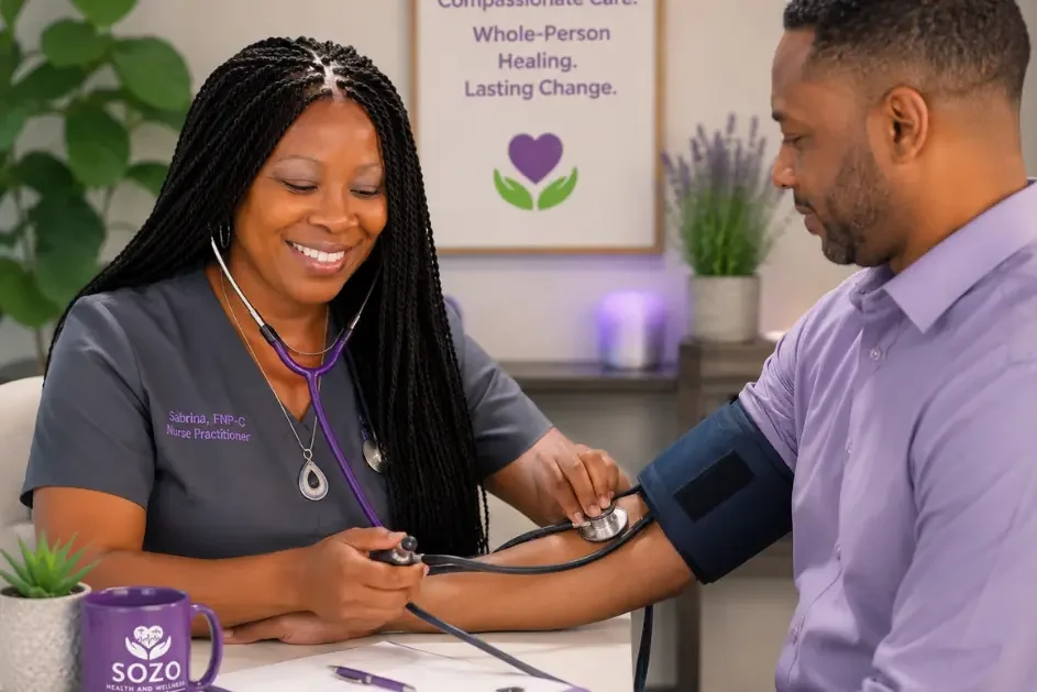 A doctor takes a patient's blood pressure using a sphygmomanometer in a consultation room decorated with plants and motivational posters.
