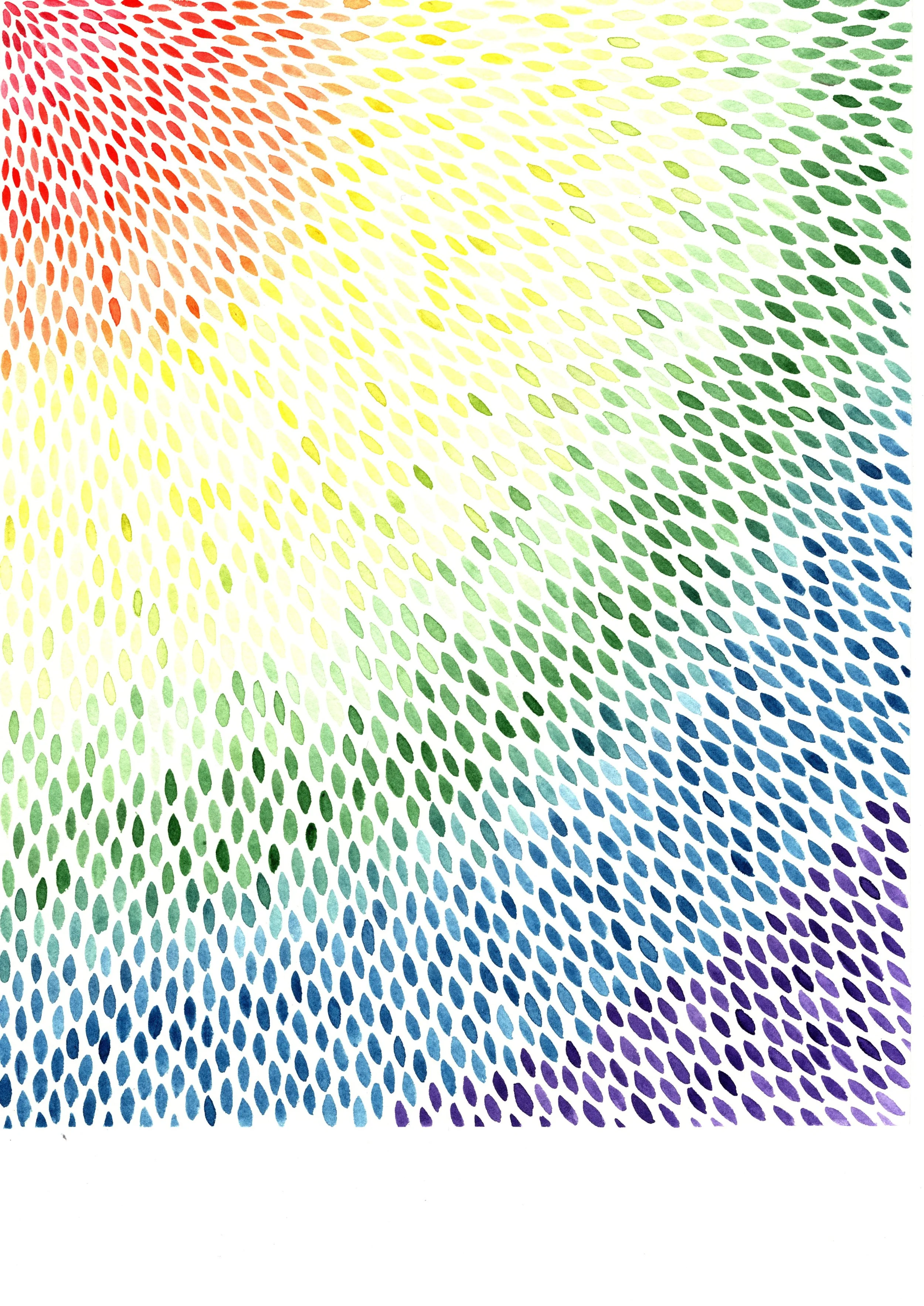 Tear drop shapes in the colours of the rainbow flow from red in the top left corner to purple in the bottom right.