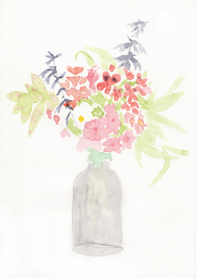A loose watercolour painting of a bouquet of pink and purple flowers, green leaves. The bouquet is in a grey vase.