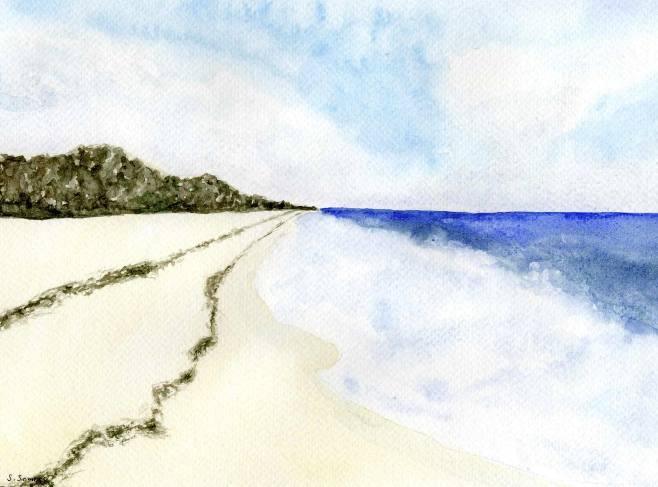 Watercolour painting of a beach shoreline on a sunny day.