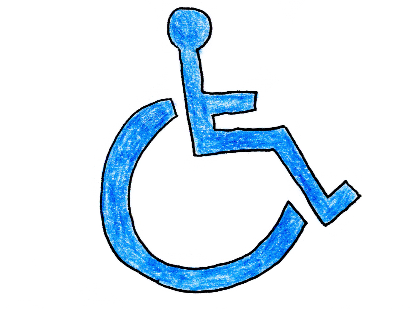 A drawing of the disability symbol: a simplified person sitting on a wheelchair, coloured in blue