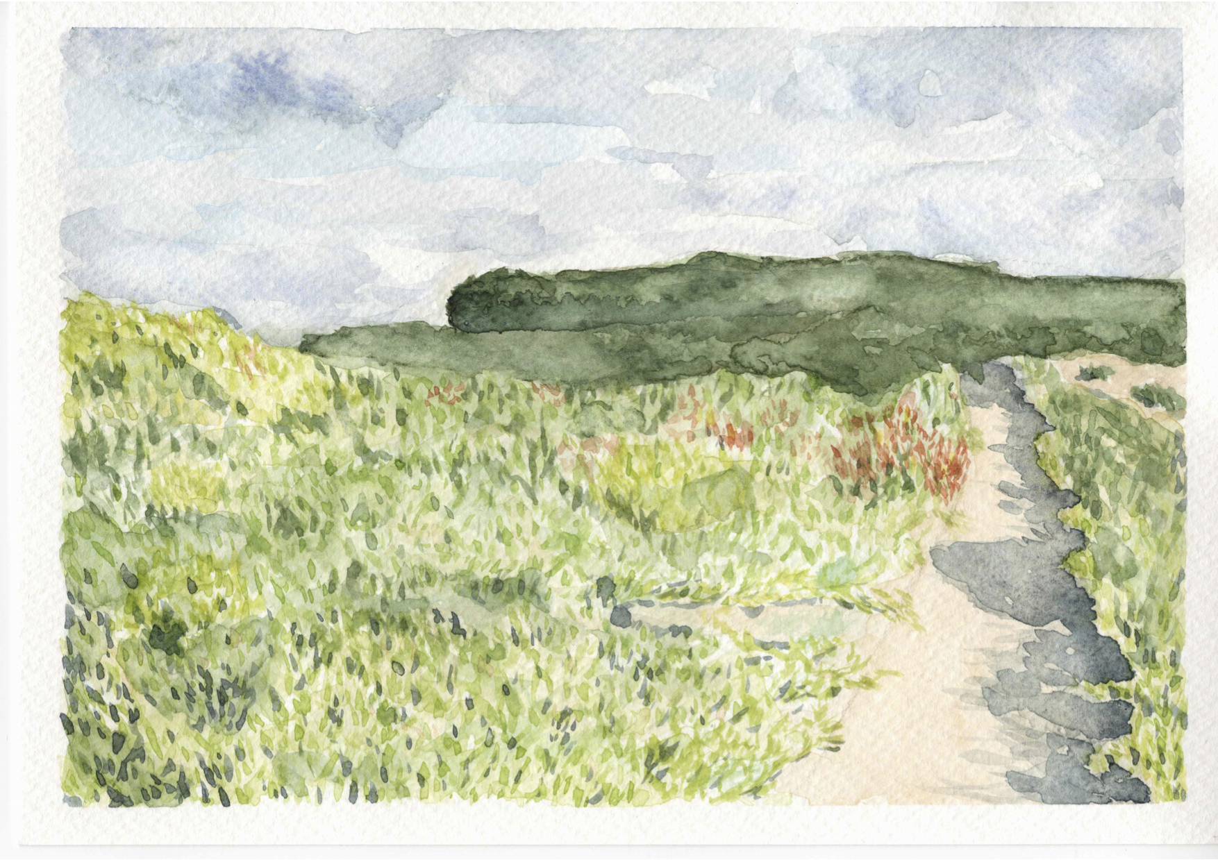 A watercolour landscape painting with green shrubs in the foreground, with a path leading up to a dark green hill in the horizon. Grey clouds loom in the background.